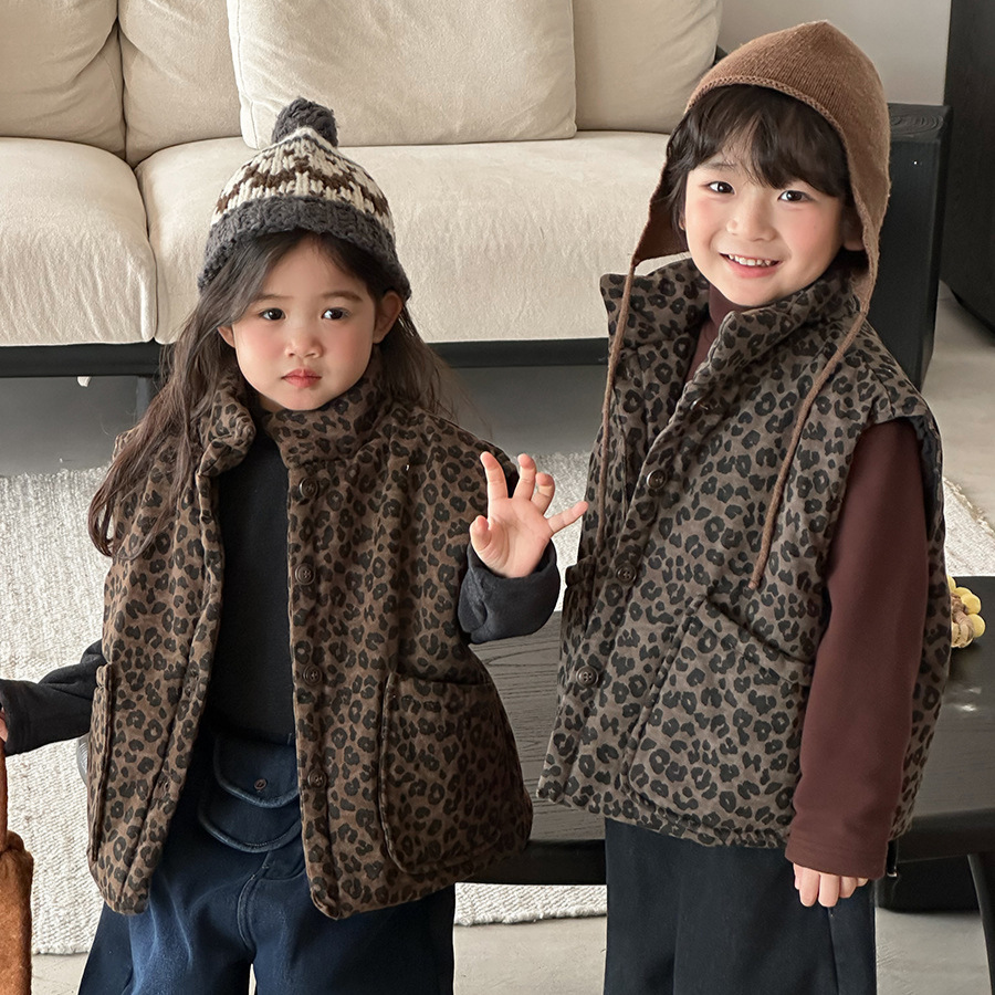Toddler Boy Winter Fleece Jacket - Gilet rembourré imprimé léopard pour enfants,